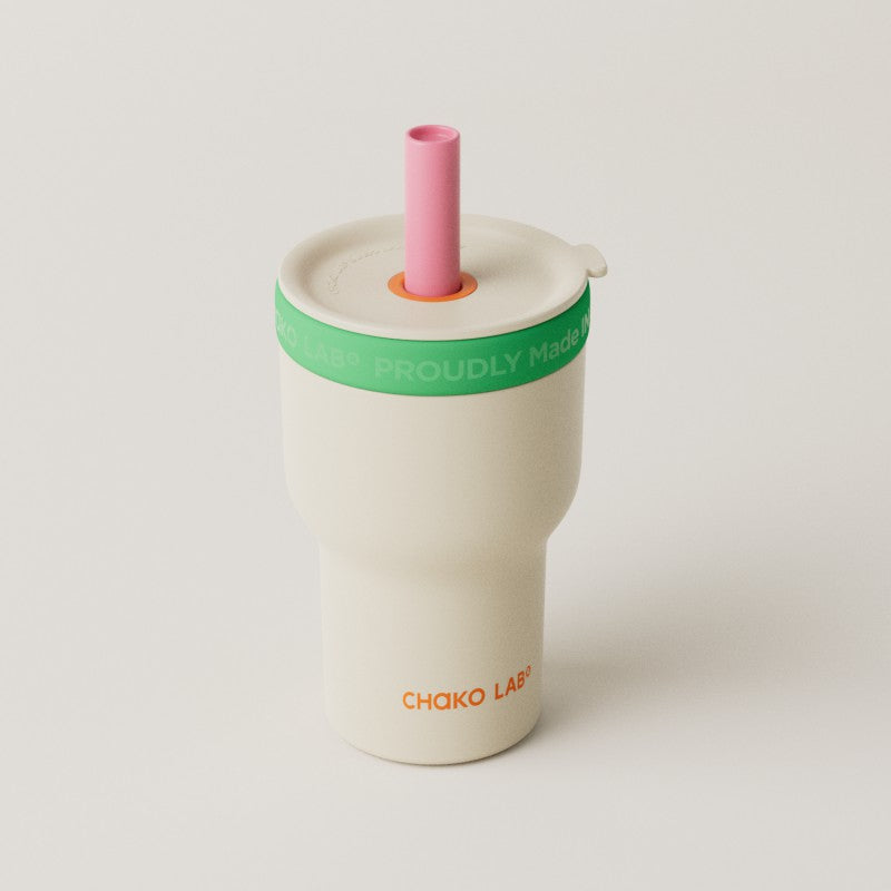 Chakolab dual-layer tumbler with sunlit taro-colored exterior and clear lid, designed for hot and cold beverages.