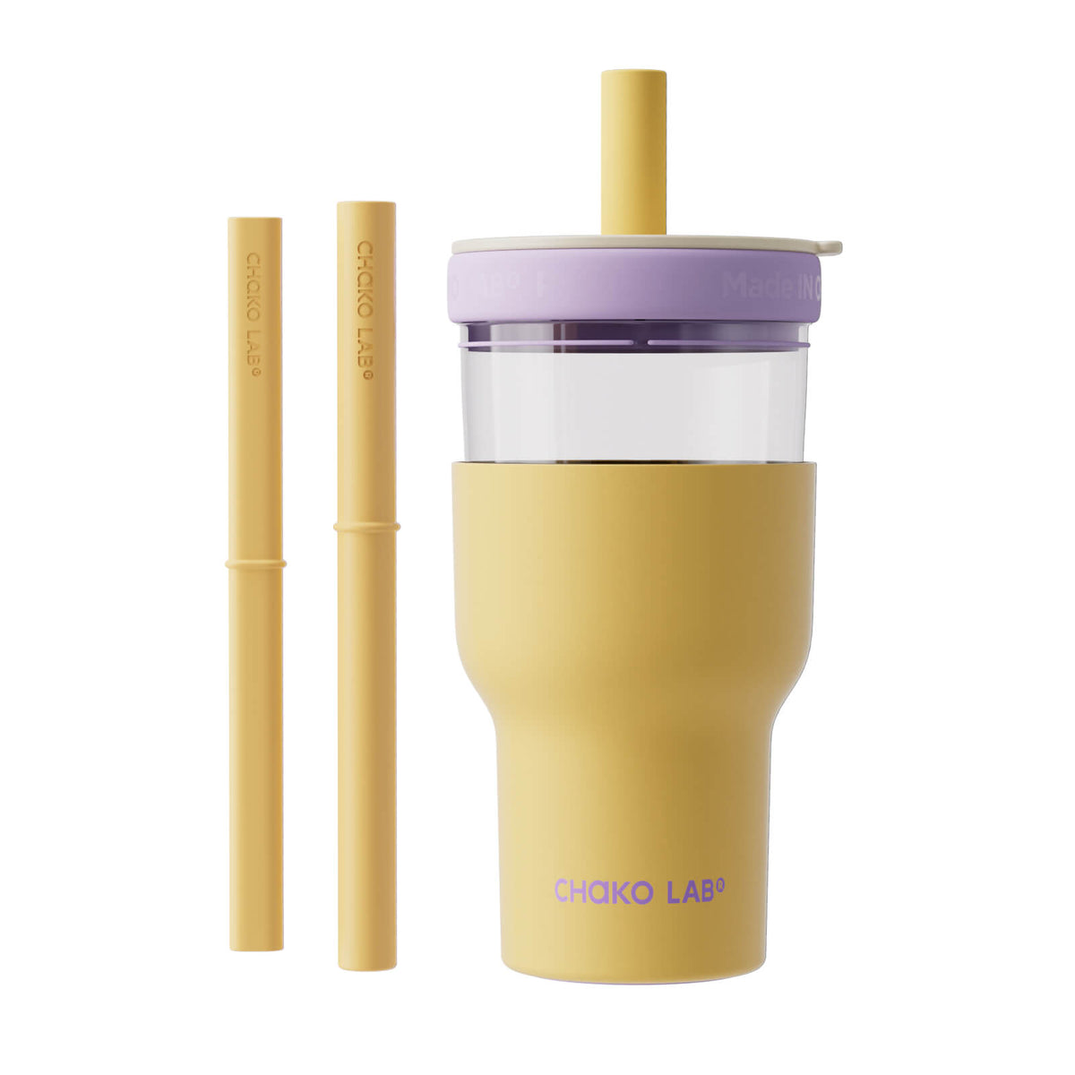 Chakolab dual-layer tumbler with sunlit taro-colored exterior and clear interior for stylish, insulated beverage cooling.