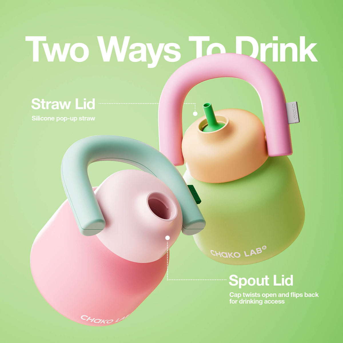 Chakolab LinLin Kettle green water bottle with two drinking options, made of durable material, featuring a sleek design.