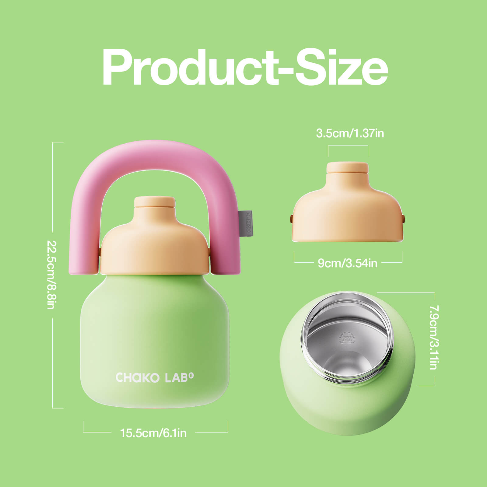 Green LinLin Kettle water bottle by Chakolab, featuring a sleek design and eco-friendly material, shown in size variation.