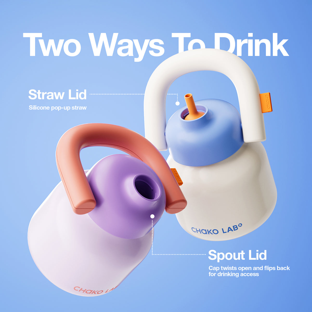 Chakolab LinLin Kettle water bottle in white and blue with two-way drinking spout, designed for convenient hydration.