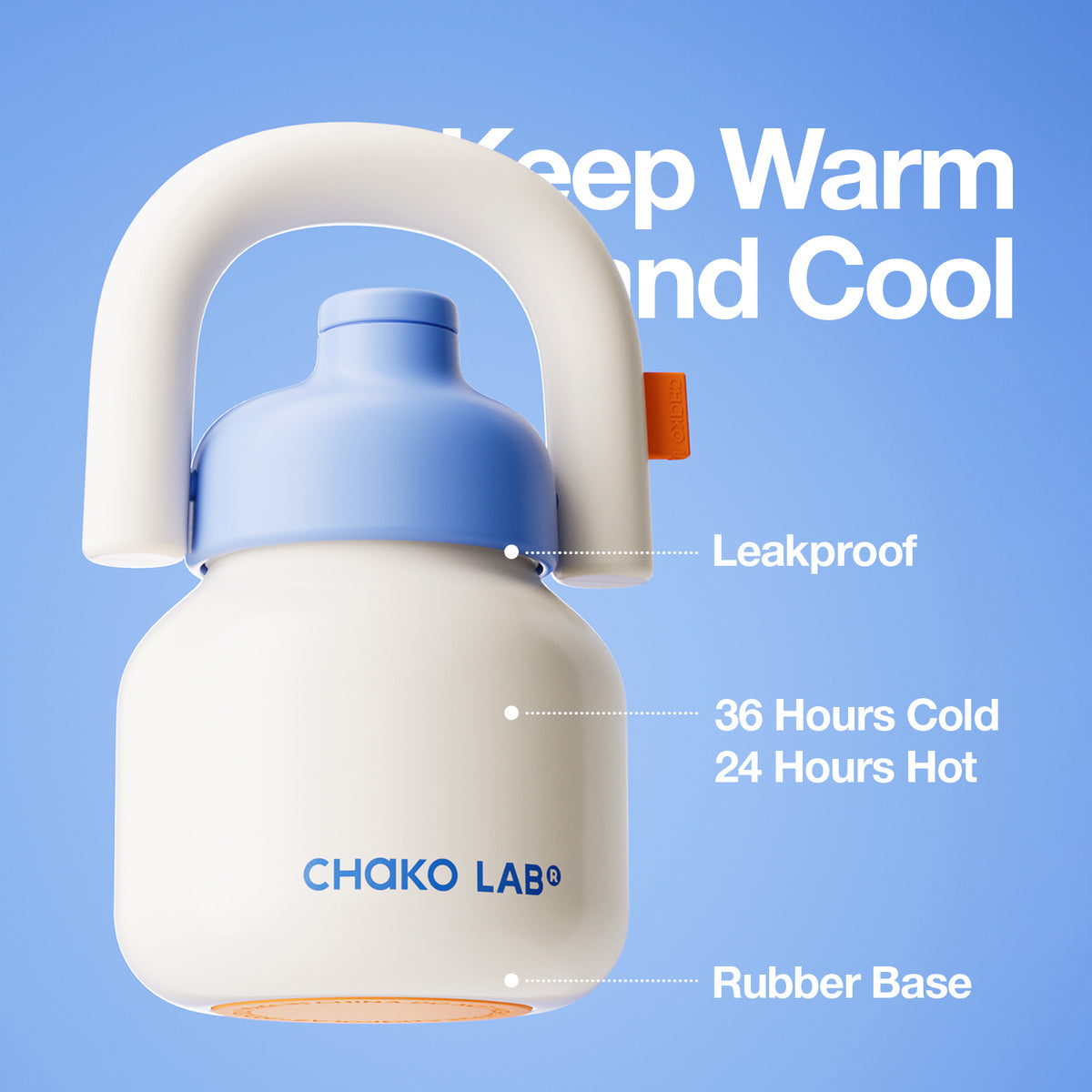 Chakolab LinLin Kettle water bottle in white and blue, featuring a sleek design for keeping beverages warm or cold.