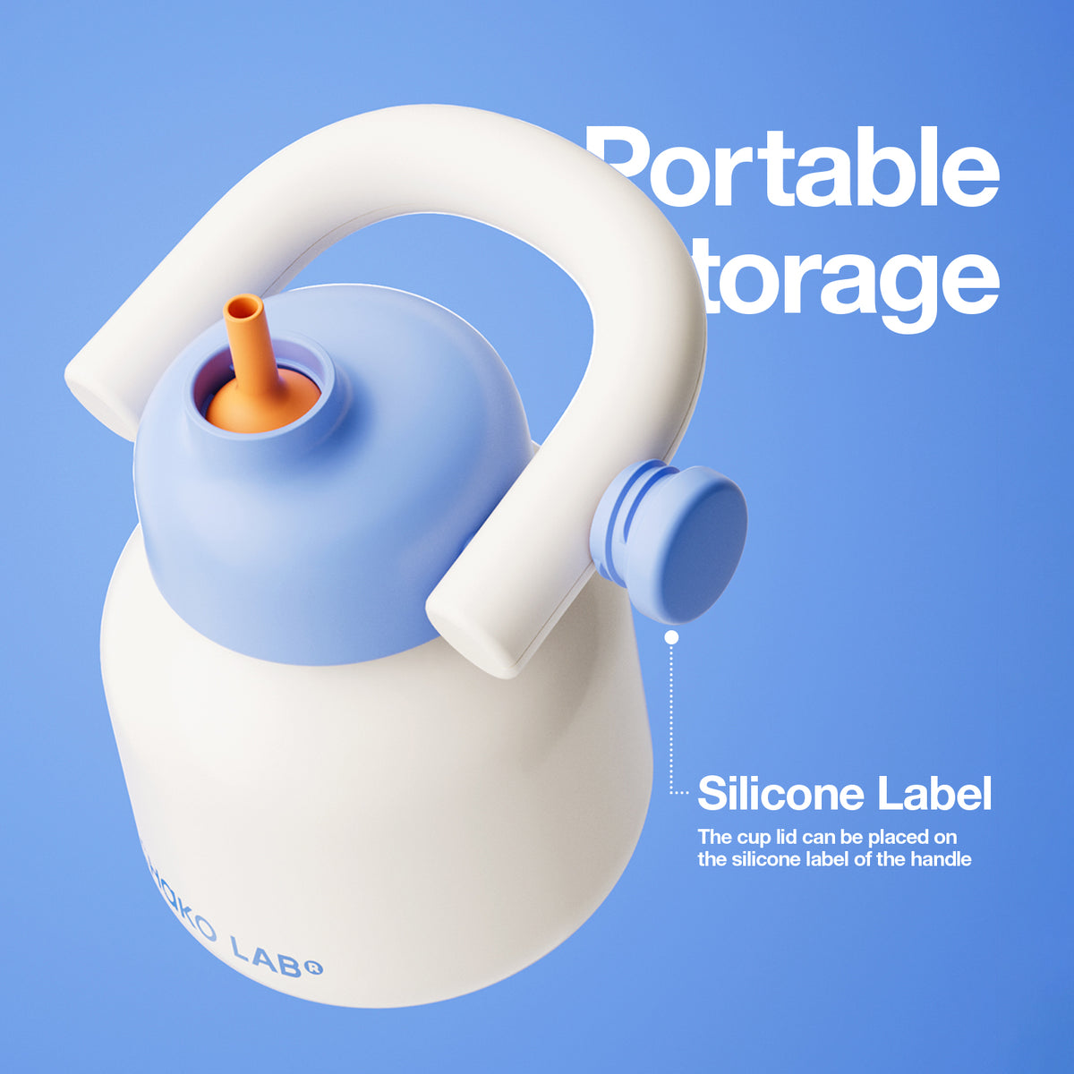 White and blue LinLin Kettle water bottle by chakolab with a portable design and storage cap.
