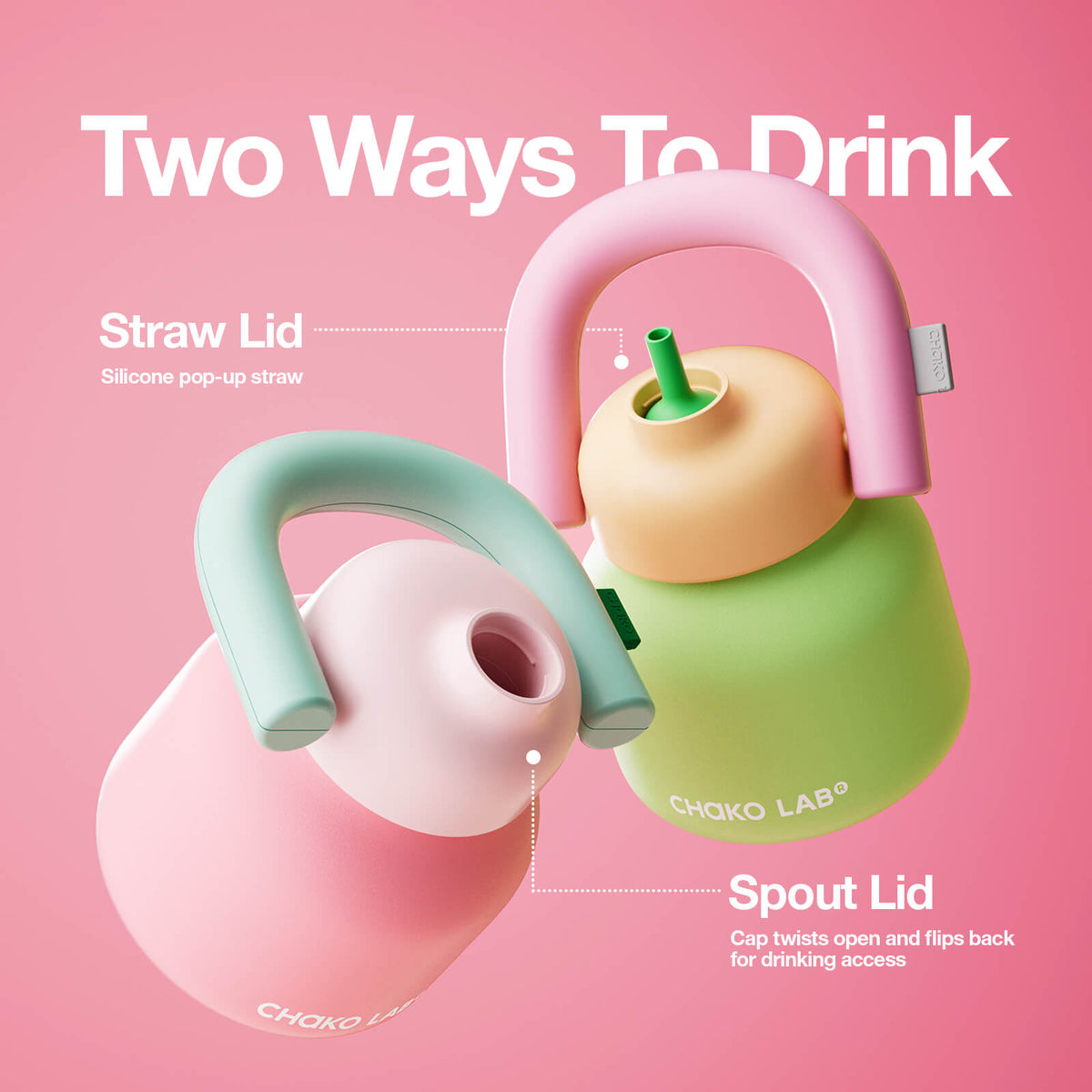Chakolab LinLin Kettle holiday pink water bottle with two-way drinking design, featuring a vibrant pink color and ergonomic shape.