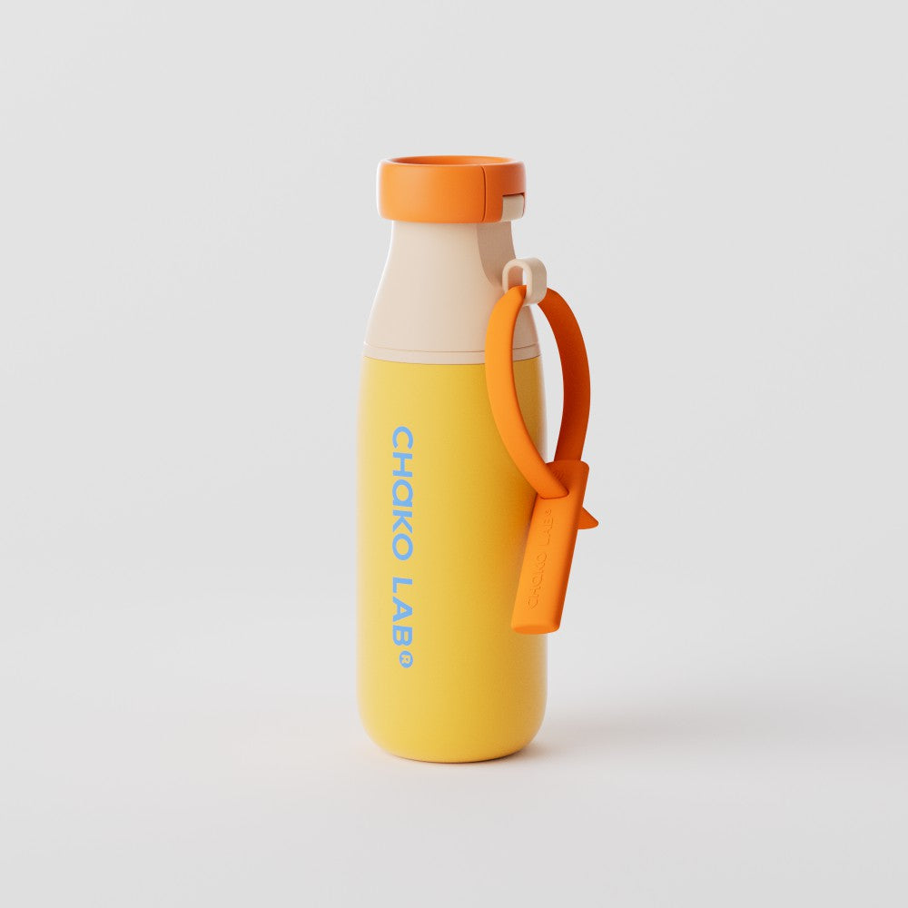 Chakolab water bottle with orange marmalade design, featuring a sleek, portable water container with vibrant orange pattern.