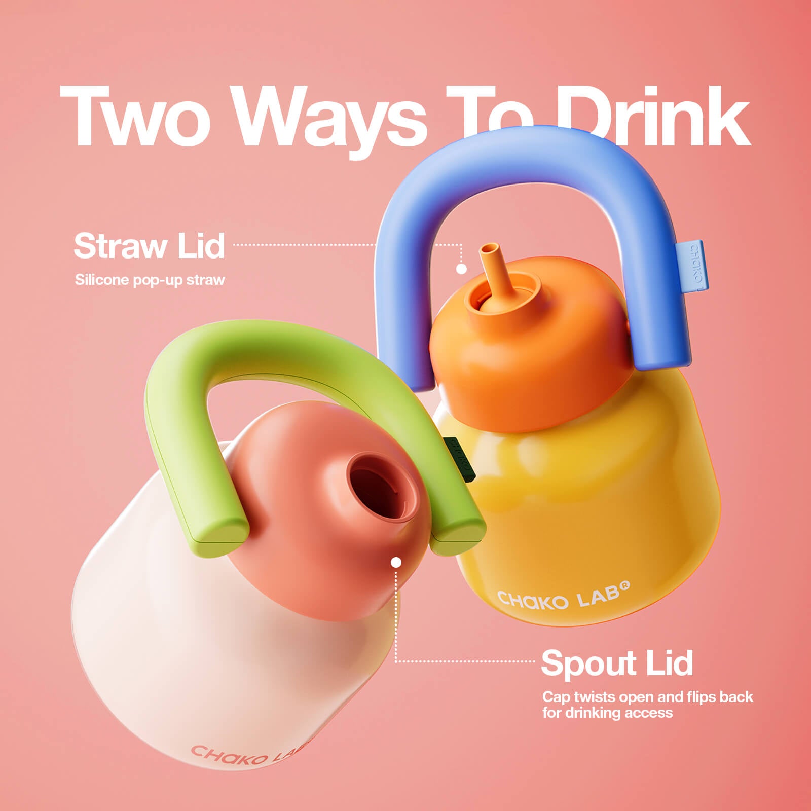 Pink LinLin Kettle water bottle by Chakolab with two-way drinking options, featuring a sleek, modern design.