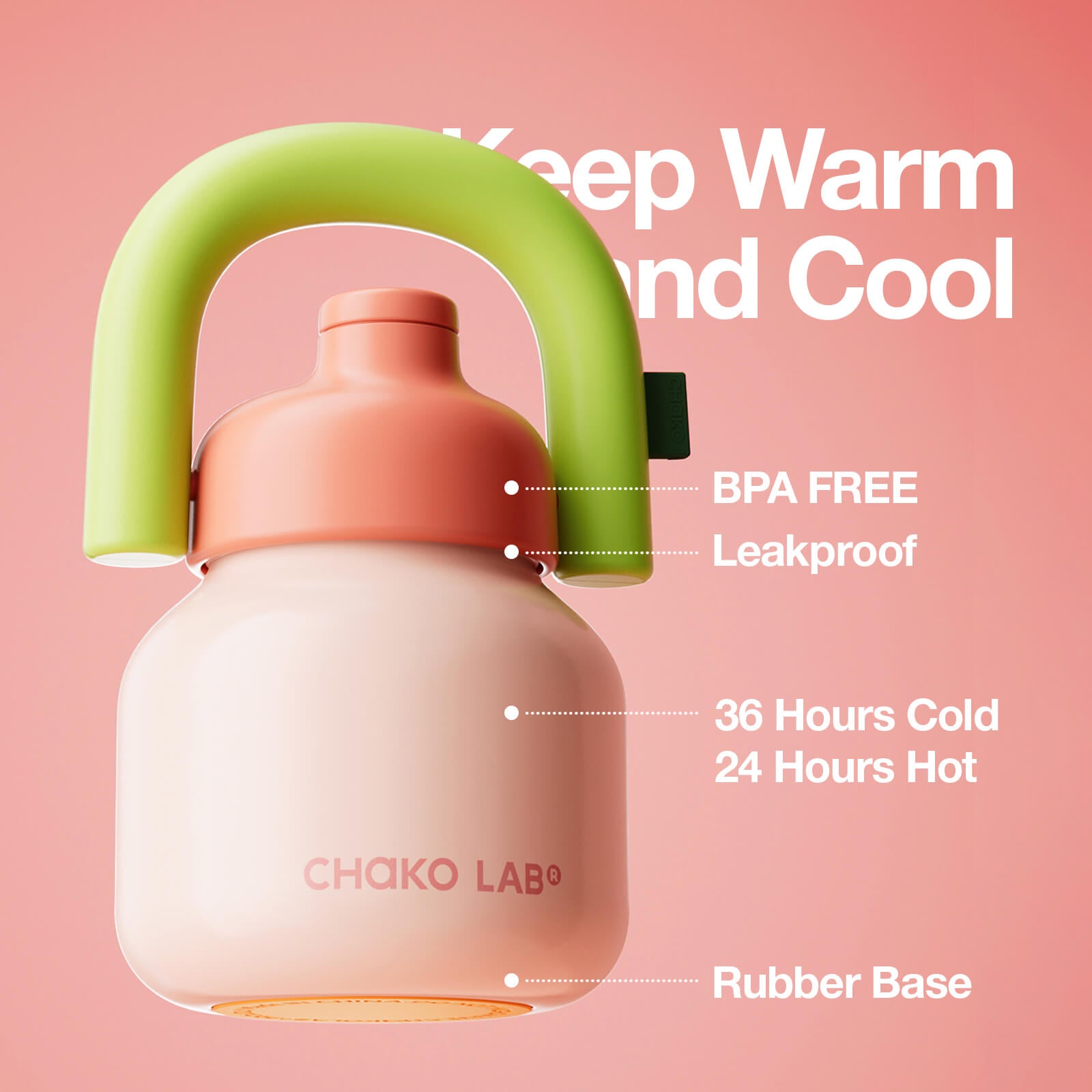 Pink LinLin Kettle water bottle by Chakolab with a sleek design and a secure lid, ideal for keeping drinks cold.